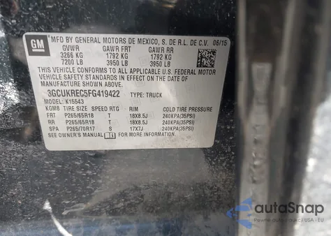 2015 Chevrolet Silverado 1500 1Lt из США, поврежденный, VIN 3GCUKREC5FG419422